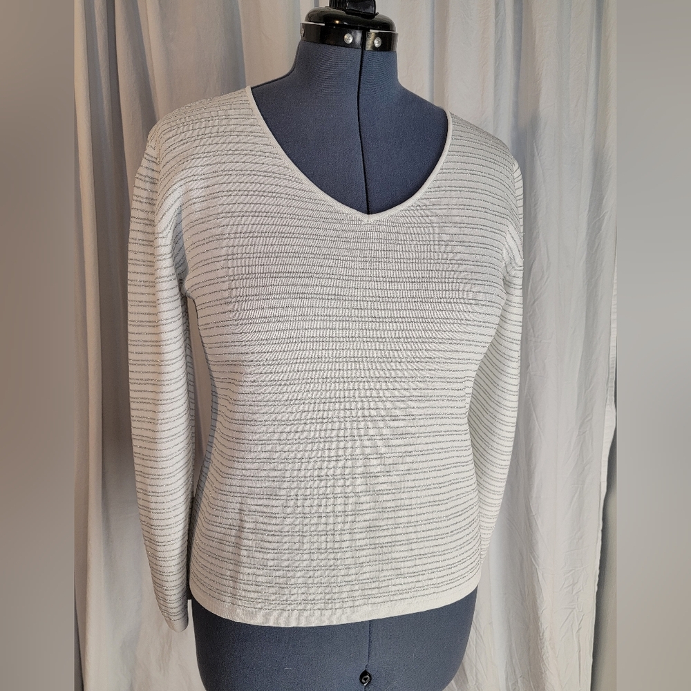 Silver- Striped White V-Neck Sweater